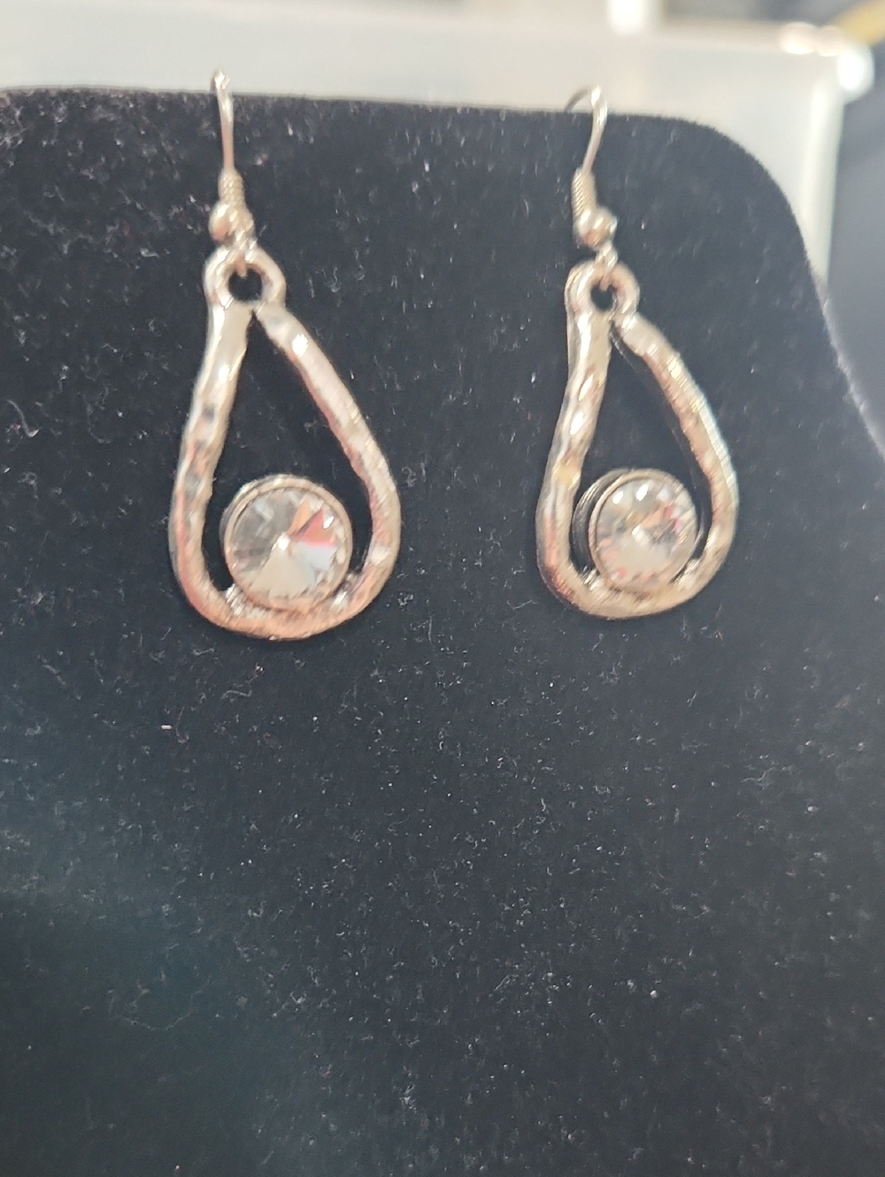 Vintage Silver Teardrop Earrings with Clear Crystal